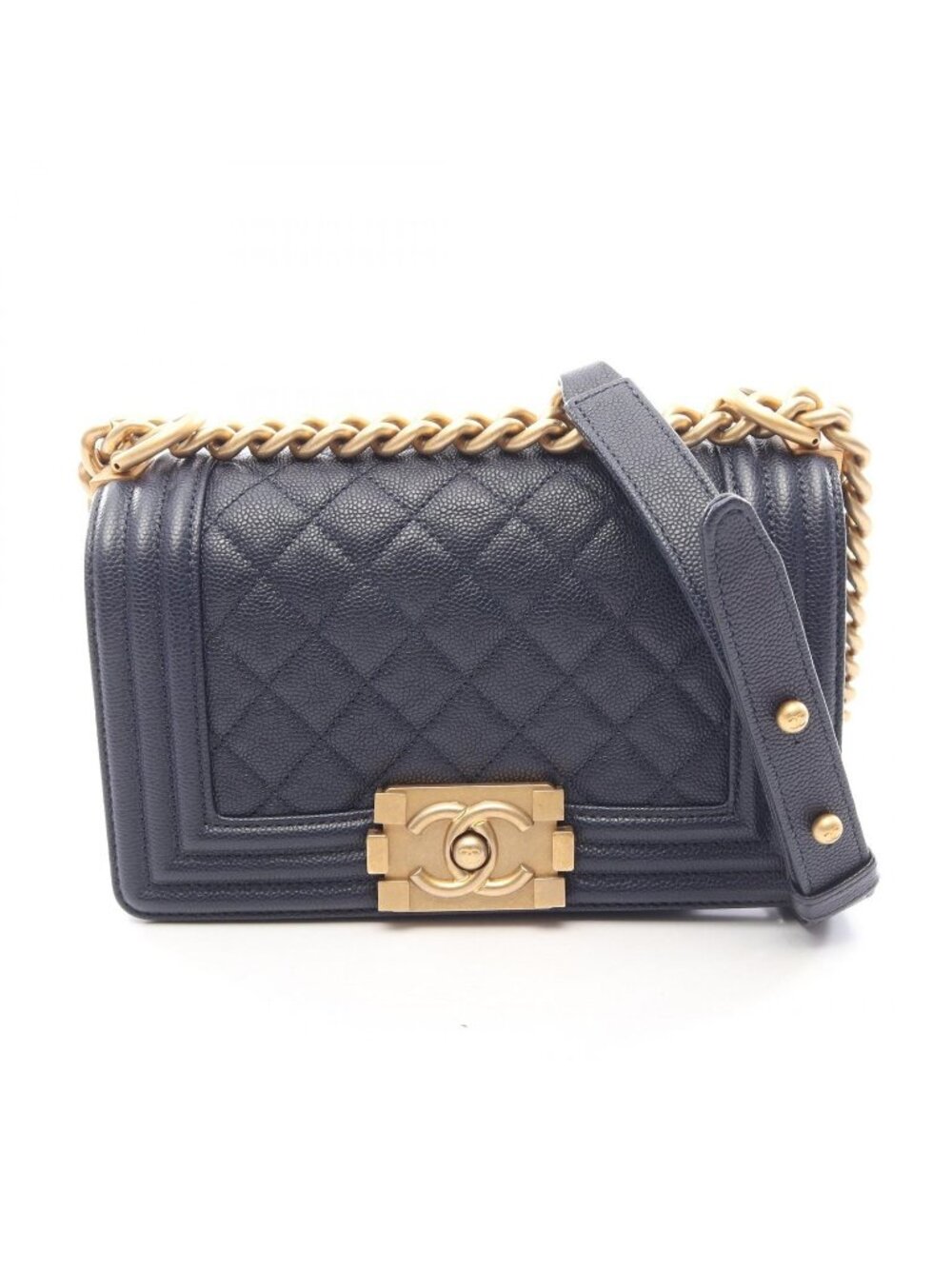 Chanel Shoulder Bag Boy Small Navy Caviar Leather Chain